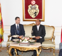 Don Felipe durante su encuentro con el Presidente de la República Tunecina, Mohamed Moncef Marzouki,  en el Salón del Pabellón Presidencial